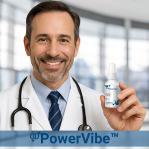 PowerVibe™ Seaweed Erection Spray applied during a men's personal care routine