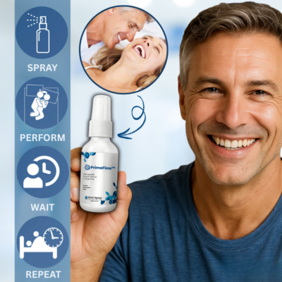 PrimeFlow™ Seaweed Erection Spray used during a discreet at-home personal care routine