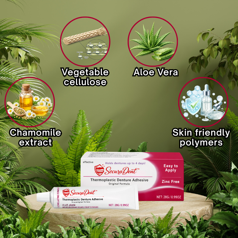 SecuraDent™ Thermoplastic Denture Adhesive applied to upper and lower removable dentures