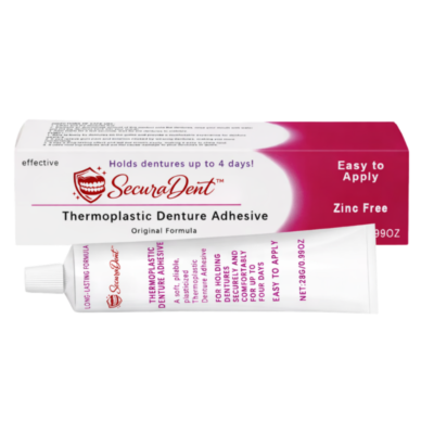 SecuraDent™ Thermoplastic Denture Adhesive in a compact 28g squeeze tube