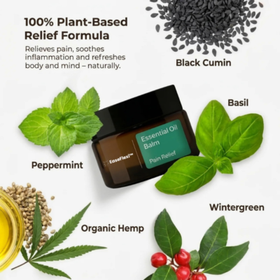 EaseFlex Essential Oil Balm bottle displayed with smooth daily supplement capsules