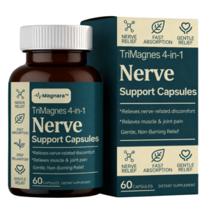 Magnara™ TriMagnes 4-in-1 Nerve Support Capsules with outer carton and amber bottle
