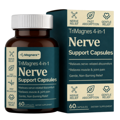 Magnara™ TriMagnes 4-in-1 Nerve Support Capsules with outer carton and amber bottle