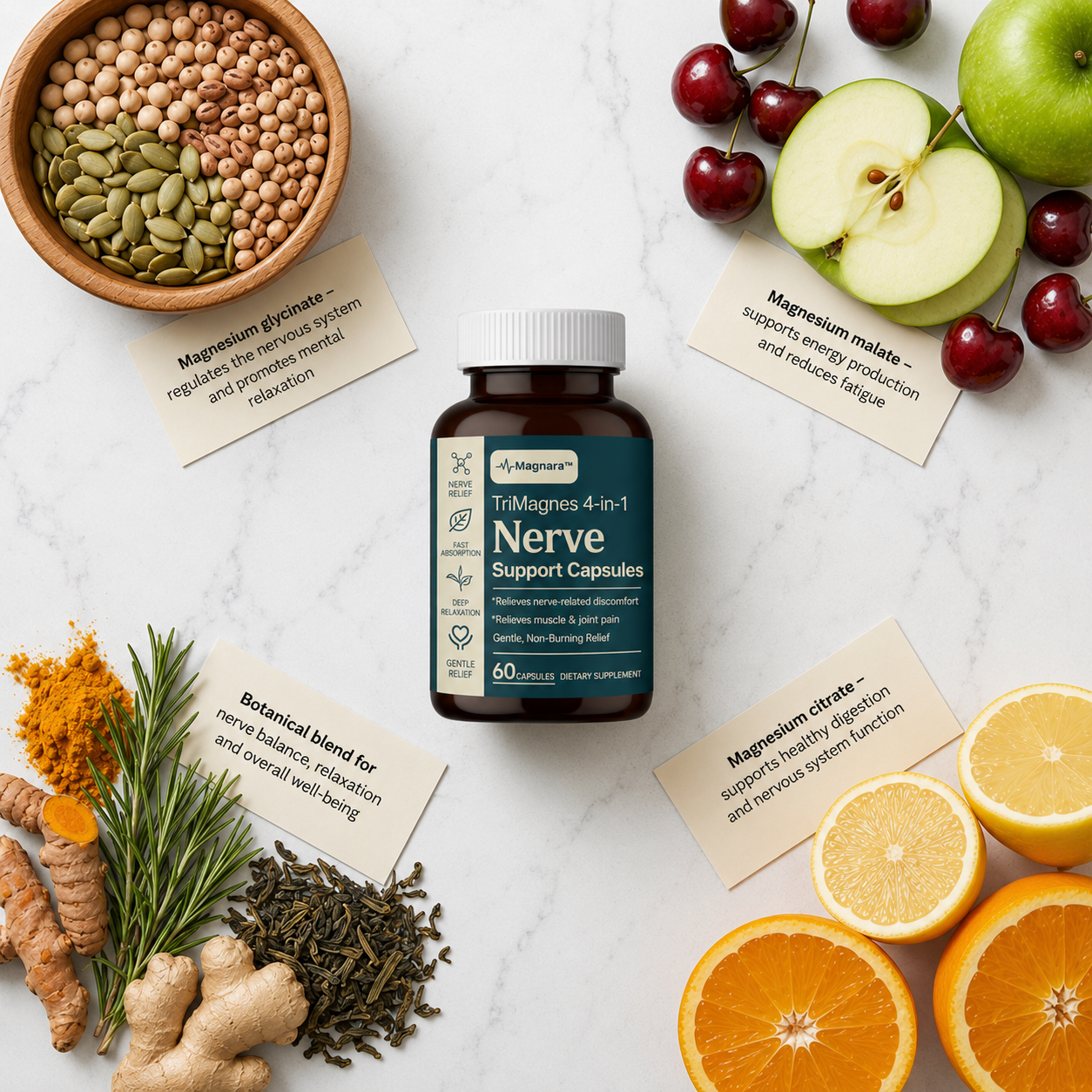 Magnara™ TriMagnes 4-in-1 Nerve Support Capsules featuring a chelated magnesium formula