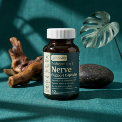 Neuvara™ TriMagnes 4-in-1 Nerve Support Capsules nerve support capsules in an amber glass bottle