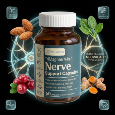 Neuvara™ TriMagnes 4-in-1 Nerve Support Capsules featuring a TriMagnes 4-in-1 chelated magnesium formula