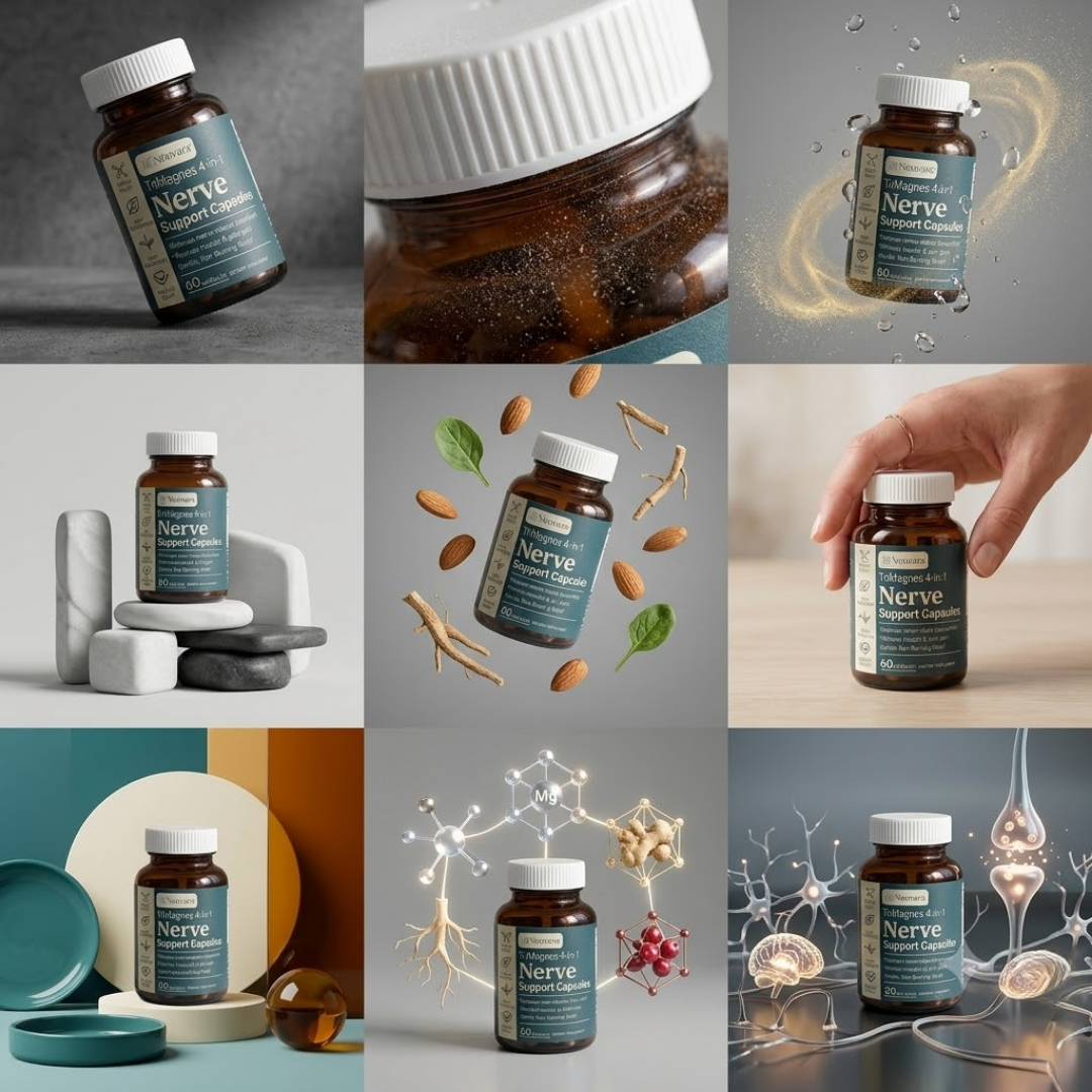 Neuvara™ TriMagnes 4-in-1 Nerve Support Capsules in a compact 60-capsule amber glass bottle