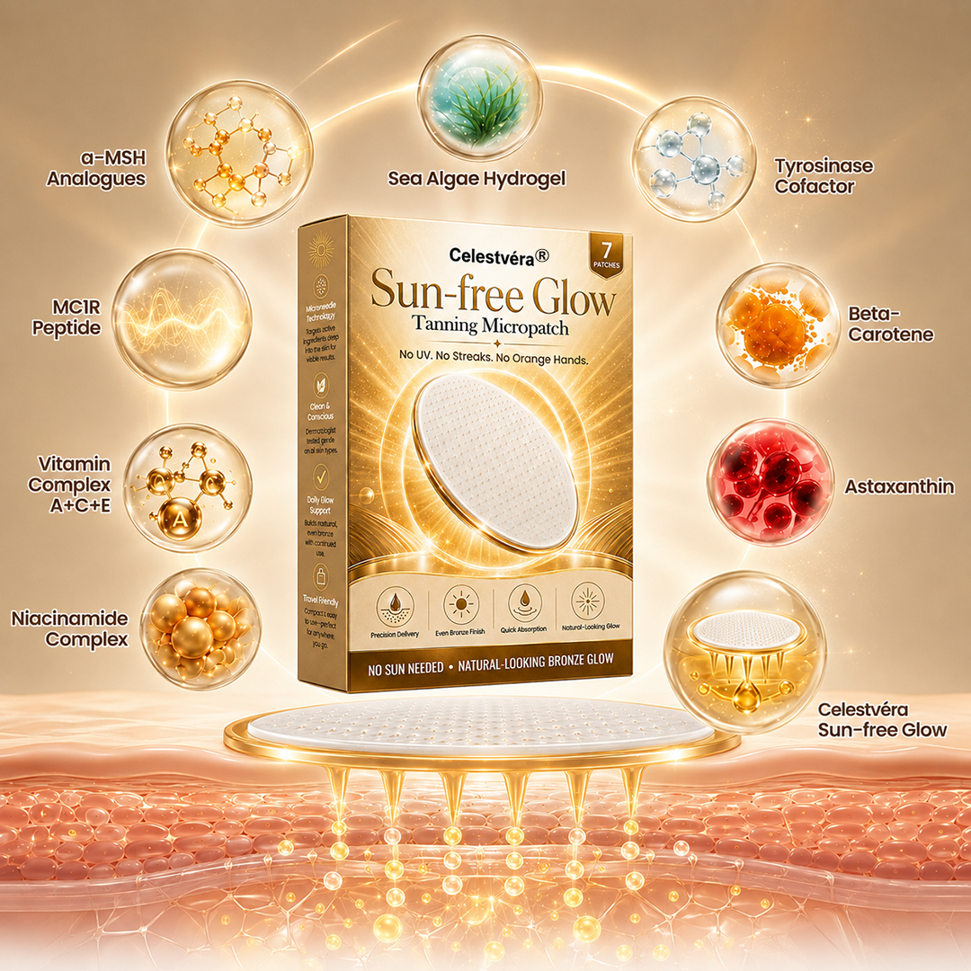 Celestvéra® Sun-Free Glow Tanning Micropatch in a compact personal care pack