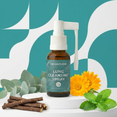 VelvaFlow™ Lung Cleansing Spray herbal oral spray in a compact bottle
