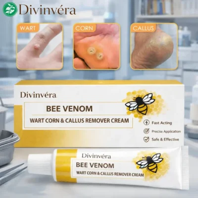 Divinvéra Bee Venom Wart Corn & Callus Remover Cream squeeze tube for precise daily foot care application