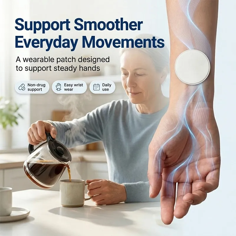 Nuvelliana™ Tremor Control Patch displayed with its thin adhesive-backed wrist design