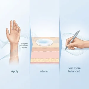 Nuvelliana™ Tremor Control Patch displayed with its thin adhesive-backed wrist design