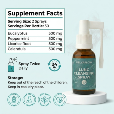 VelvaFlow™ Lung Cleansing Spray featuring Eucalyptus, Peppermint, Licorice Root, and Calendula