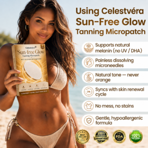 Celestvéra® Sun-Free Glow Tanning Micropatch featuring dissolvable microneedles and hydrogel