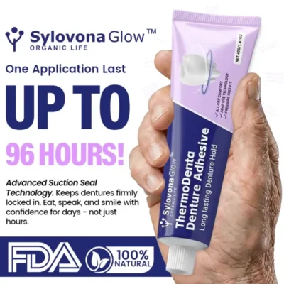 Sylovona Glow™ ThermoDenta Denture Adhesive applied to clean upper and lower dentures