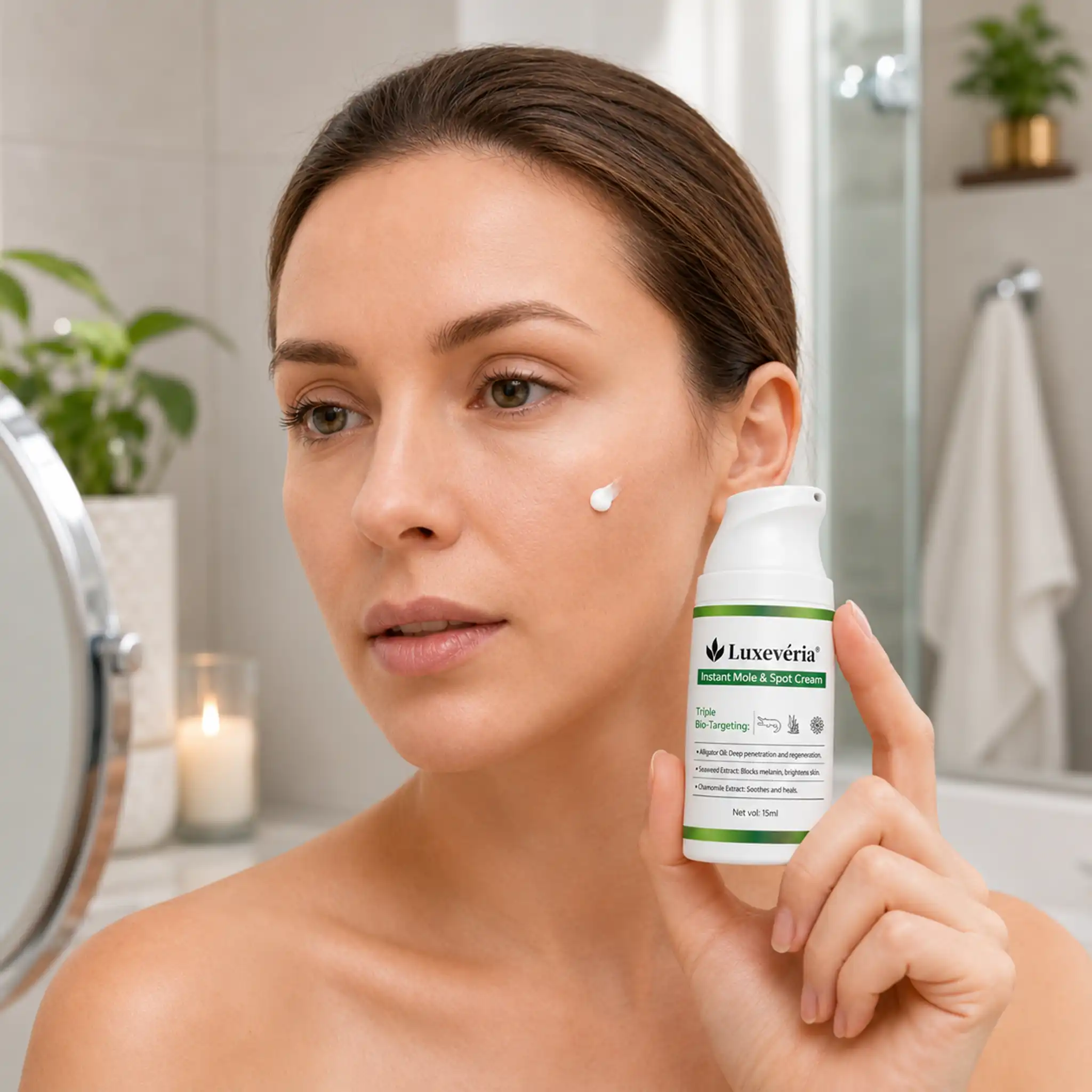 Luxevéria® Instant Mole & Spot Cream featuring lightweight texture and Triple Bio-Targeting botanical blend