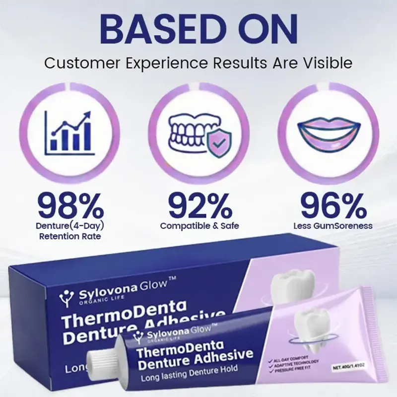 Sylovona Glow™ ThermoDenta Denture Adhesive in a compact 40g squeeze tube