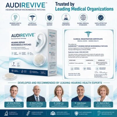 AUDIREVIVE™ HEARING REPAIR MICRONEEDLE PATCHES in a compact storage box