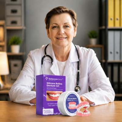 Sylovona Glow™ Silicone Reline Denture Set displayed with jar, carton, and denture pieces