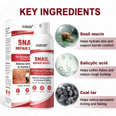 KUBOZN® Snail Repair Spray for Itchy, Flaky Psoriasis Skin bottle with fine mist nozzle