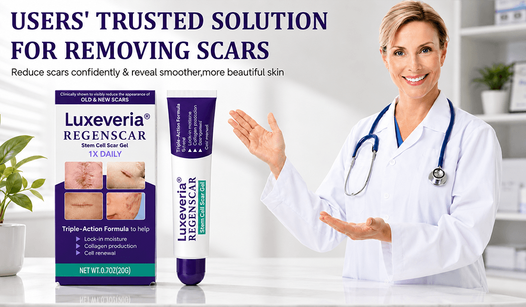 Luxevéria® ReGenScar Stem Cell Scar Gel in a compact squeeze tube