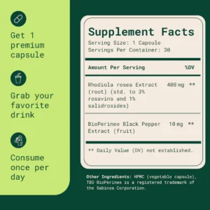 SOLUMA Rhodiola Rosea Dietary Supplement in a compact 60-capsule bottle