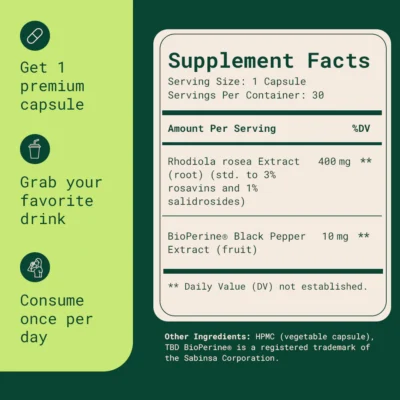 SOLUMA Rhodiola Rosea Dietary Supplement in a compact 60-capsule bottle