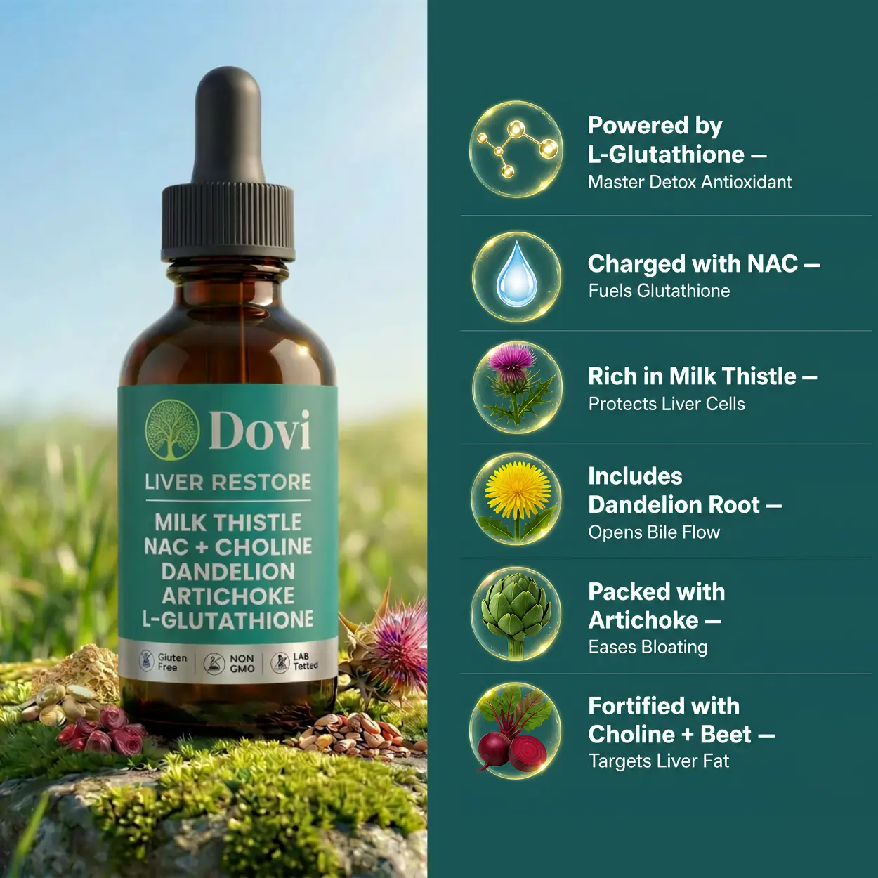 Dovi Liver Restore with milk thistle, NAC, choline, dandelion, artichoke and L-glutathione
