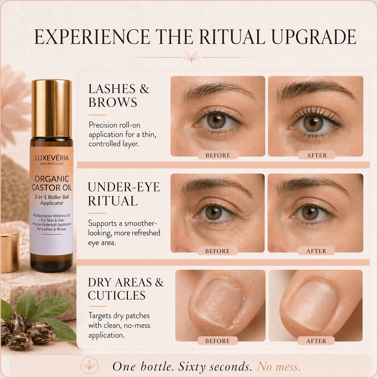 Luxevéria Organic Castor Oil 3-in-1 Roller Ball Applicator with rose quartz tip