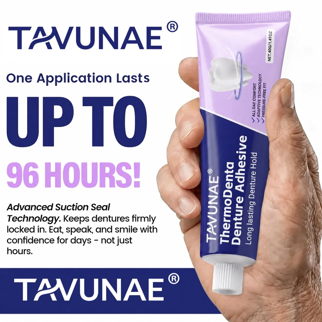 Tavunae® ThermoDenta Denture Adhesive for secure daily denture hold