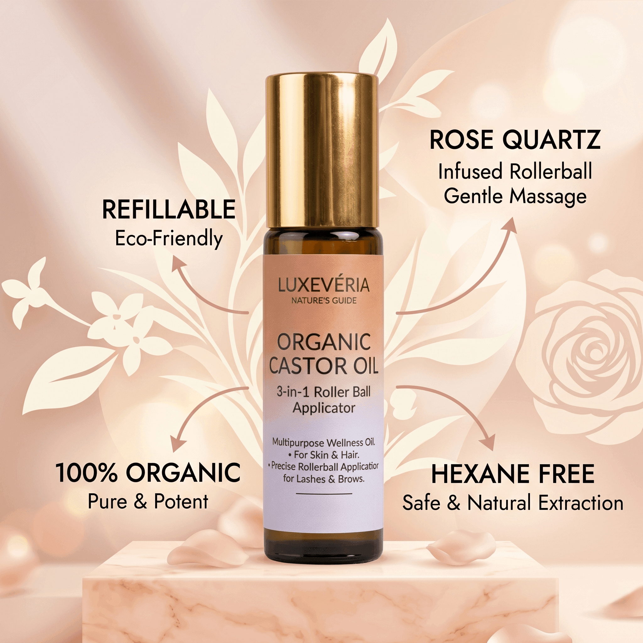 Luxevéria Organic Castor Oil 3-in-1 Roller Ball Applicator for brows, lashes, and cuticles