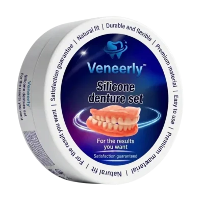 Veneerly™ denture packaging with a blue front label