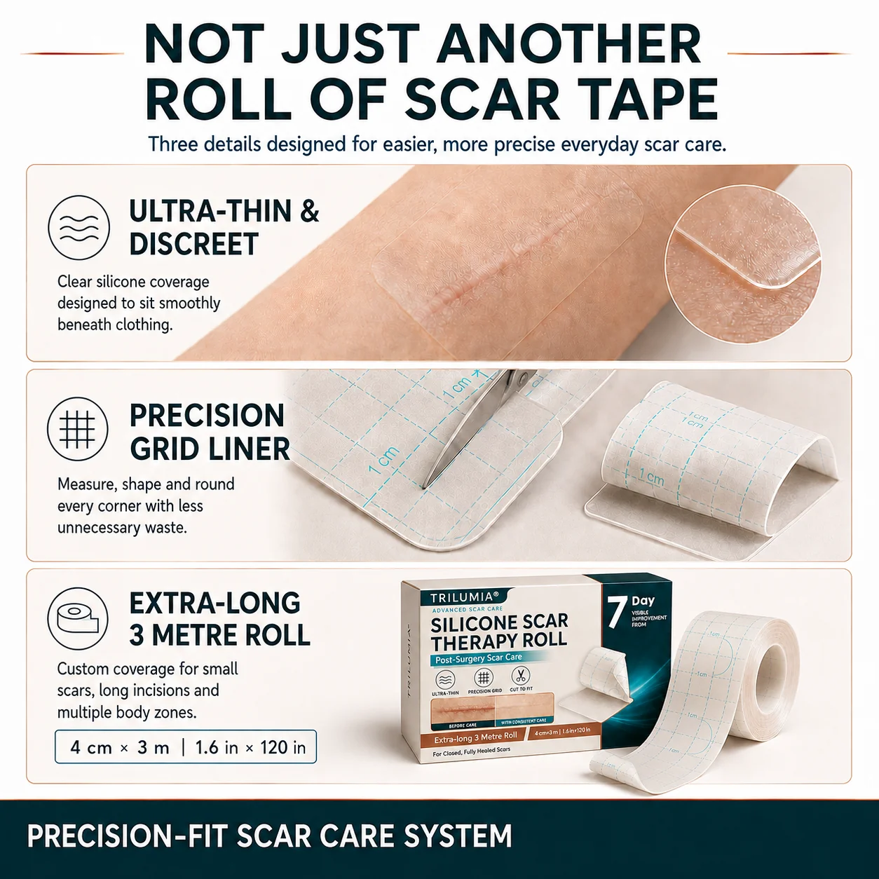 TRILUMIA silicone sheet for completely closed, fully healed scars