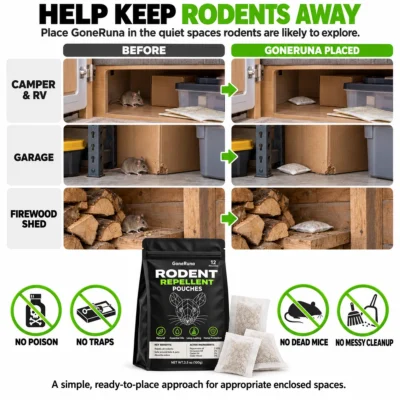 GoneRuna Rodent Repellent Pouches with peppermint oil at 2.5% and cinnamon oil at 3%