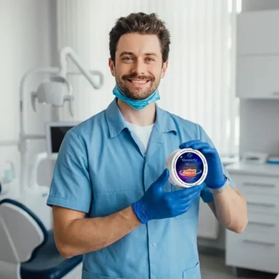 Veneerly™ name displayed on the denture packaging